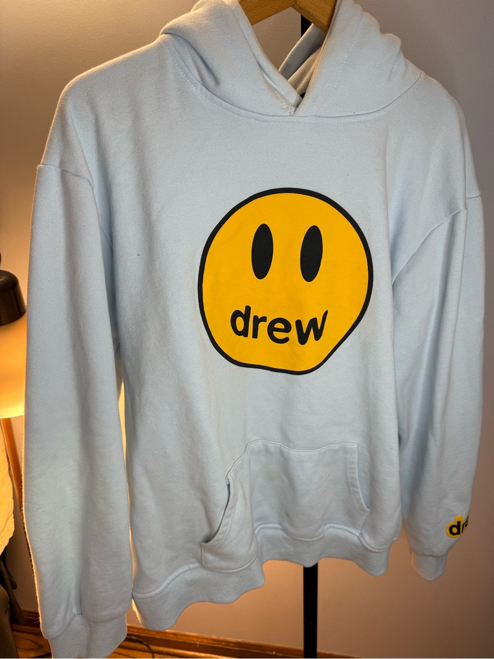 drew house Light Blue Hoodie with Yellow Smiley Logo